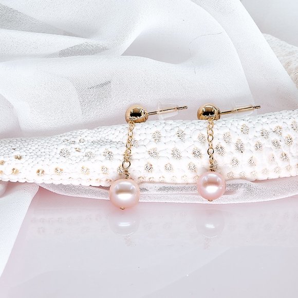 Blush Pearl Dainty Drop Earrings, 14K Gold Filled Ball Post Studs - Picture 7 of 10